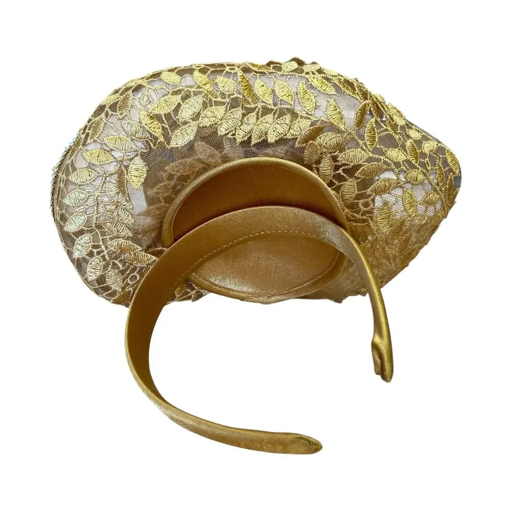 Y2K Gold Fascinator Headband – Rhinestone Leaf Appliqué w/ Satin Rose - Picture 7 of 8